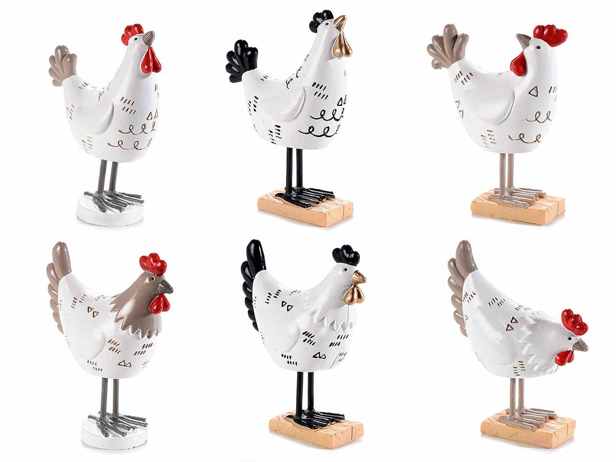 Set di sei galline decorative da appoggiare in resina colorata, con corpo, set da 12 pezzi, cm 7 x 3,5 x 10 H