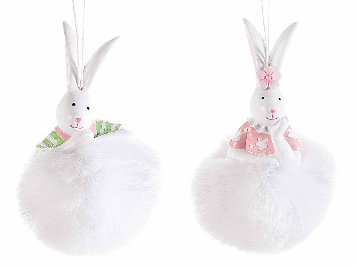 Conigli pasquali in resina da appendere su pompon in finta pelliccia, set da 12 pezzi, Ø 7 cm x 13 H
