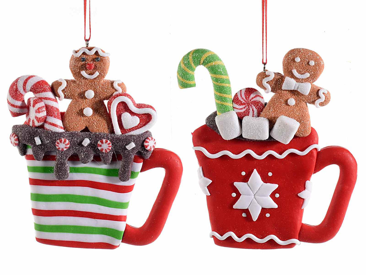 Set di 10 decori albero di Natale in pasta di resina con omino pan di zenzero su tazza da appendere, cm 10 x 11,5 H