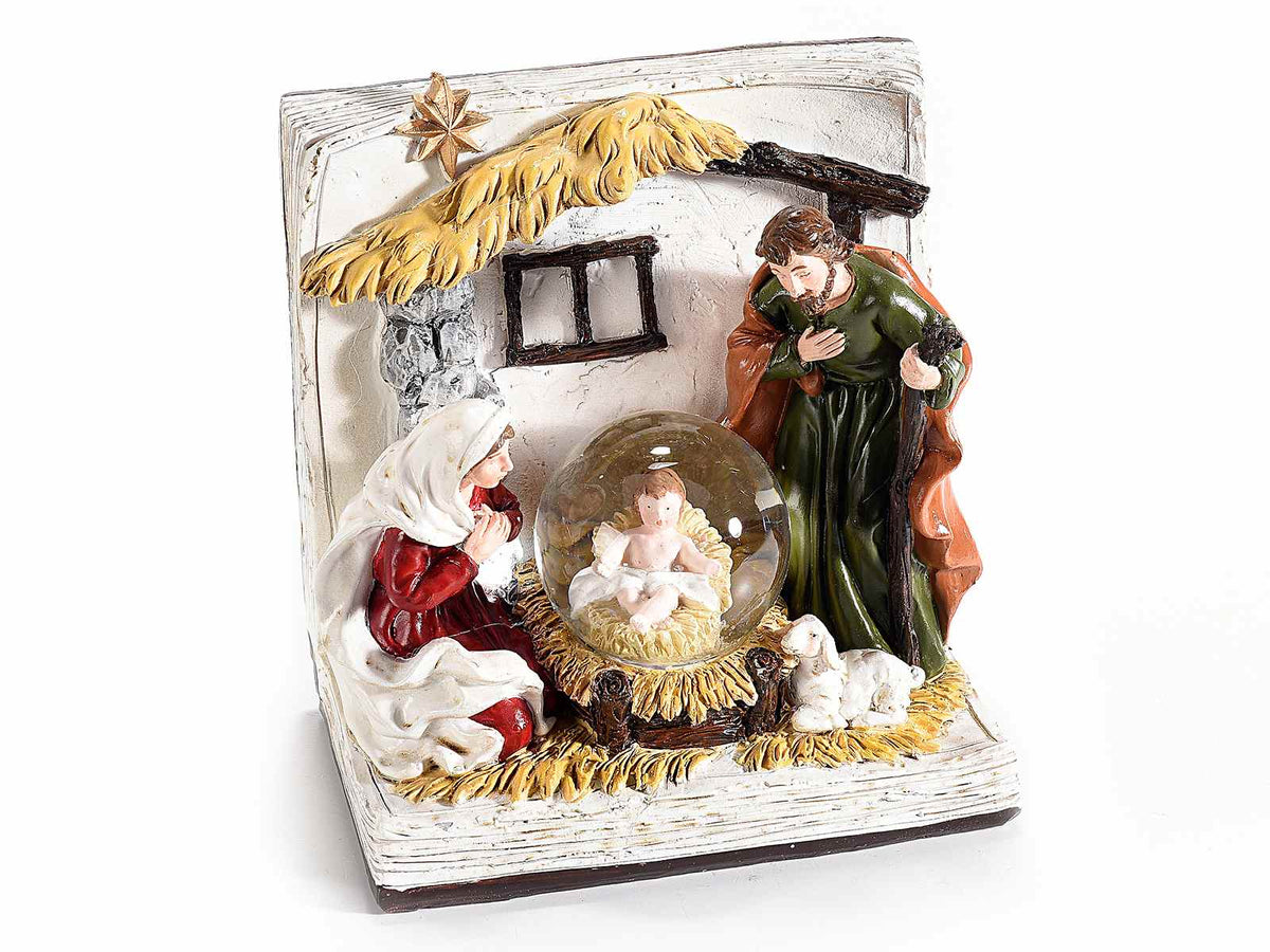 Statuina Presepe Sacra Famiglia a libro in resina con palla a neve e glitter, set da 2 pezzi, cm 12 x 8 x 12,5 H