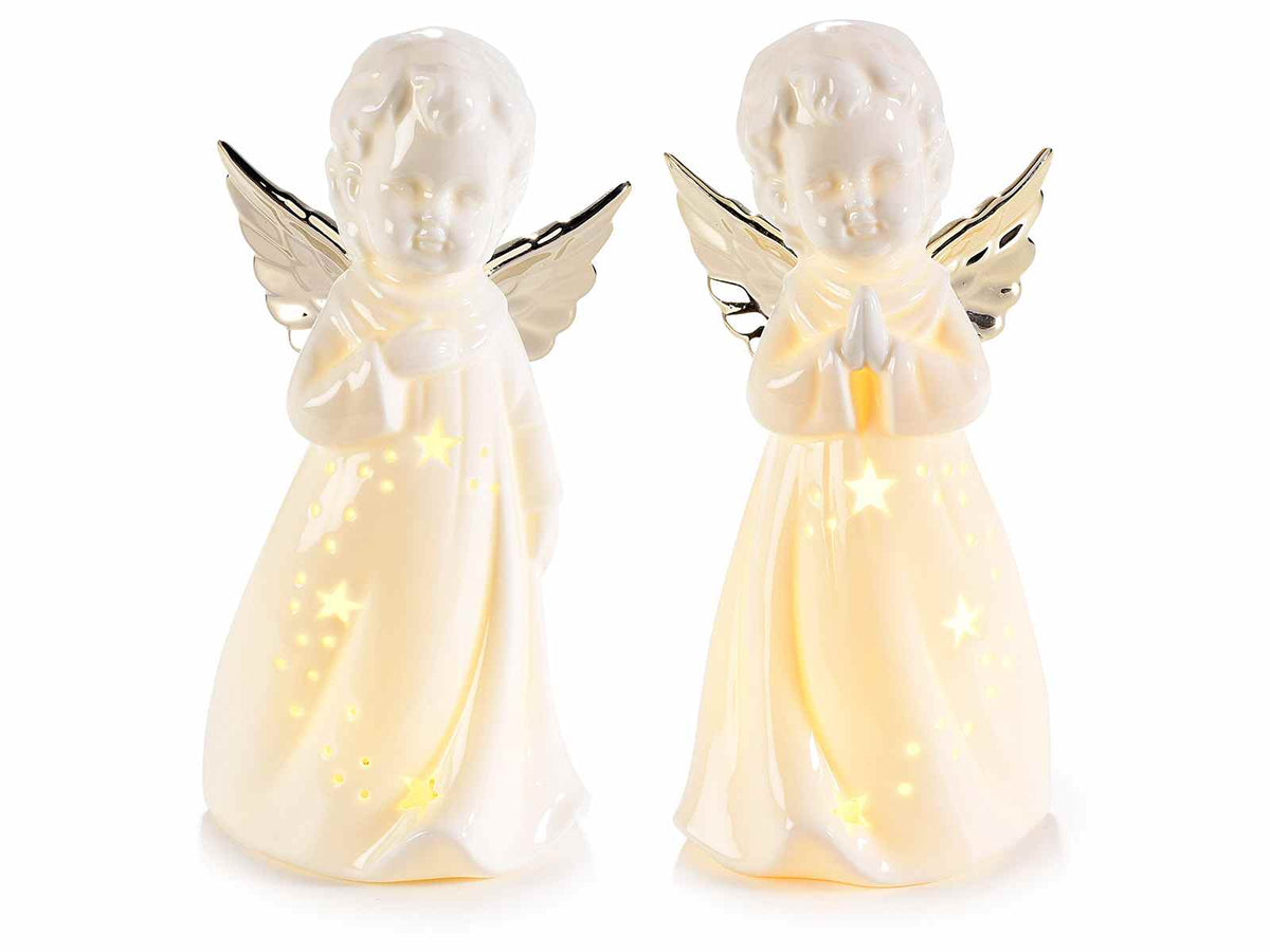Set di 2 angioletti di Natale in porcellana bianca lucida con ali dorate e luci LED, cm 9,5 x 9 x 19,5 H