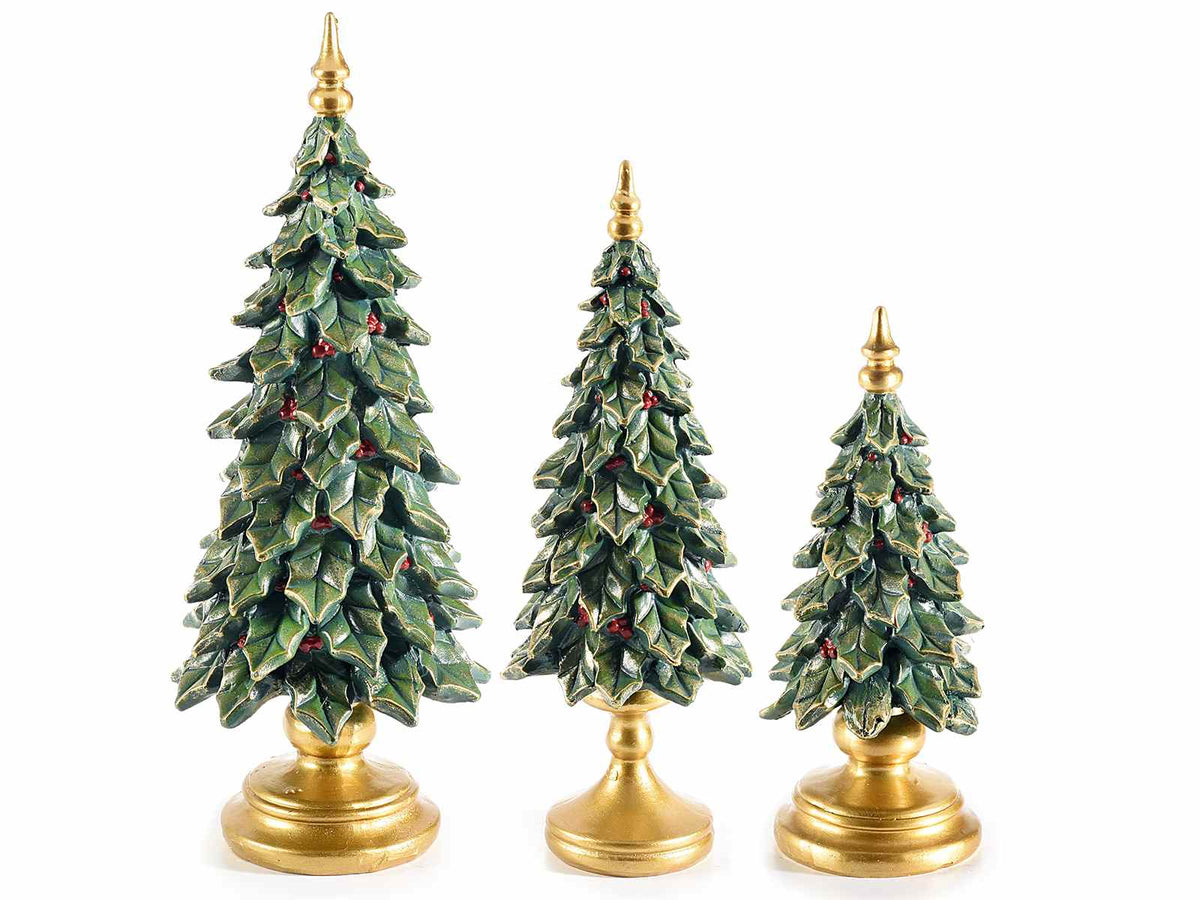 Decoro albero natalizio in resina con foglie di agrifoglio e bacche, Grande: Ø 12 cm x 32 H