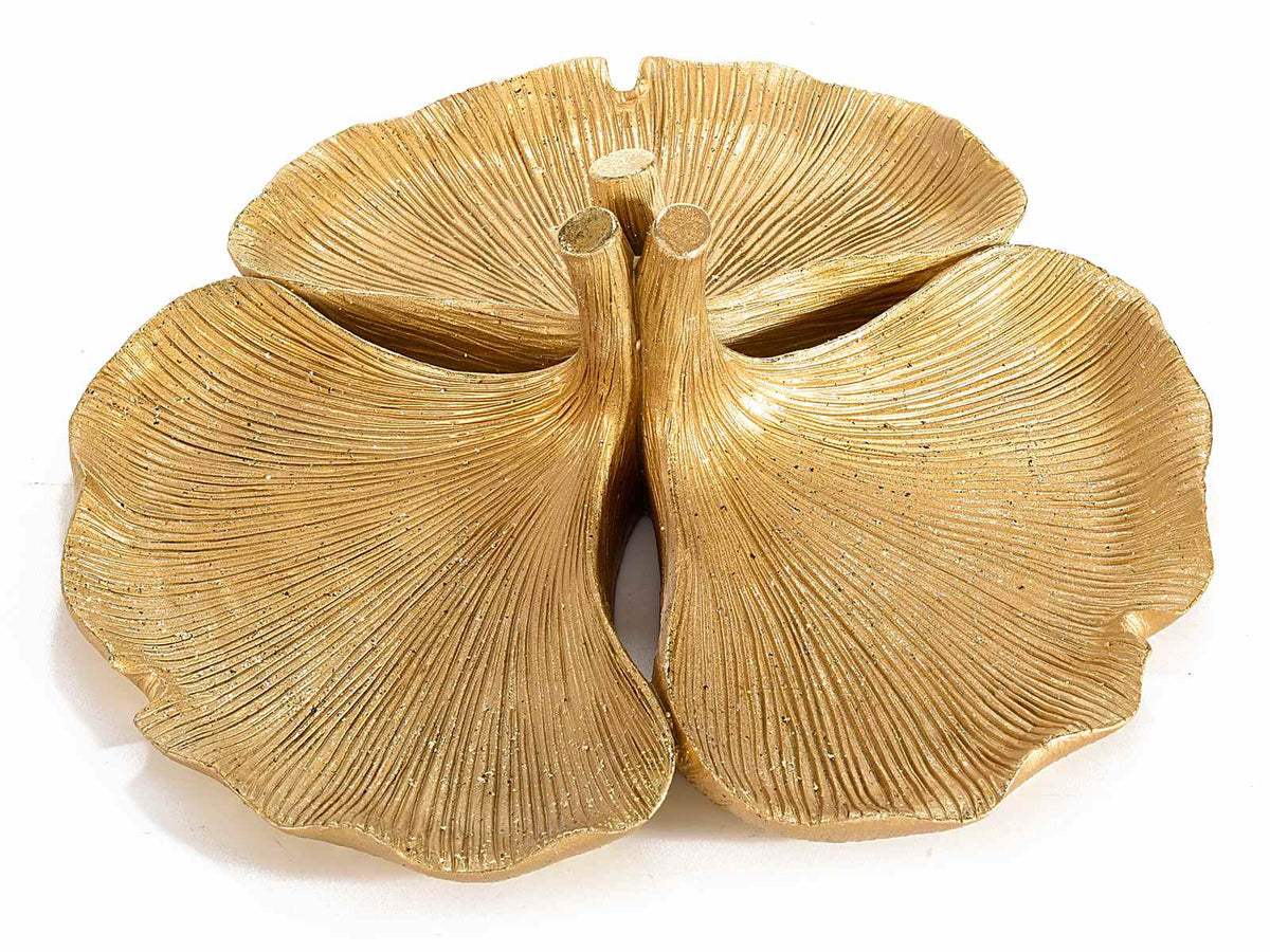 Piatto a vassoio decorativo in resina simil oro con 3 foglie Ginkgo, set da 2 pezzi, Ø 24 cm x 8 H