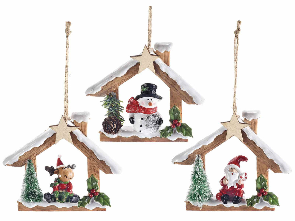 Casette natalizie in resina da appendere con pupazzo di neve, Babbo Natale e renna, set da 9 pezzi, cm 10,5 x 9 H