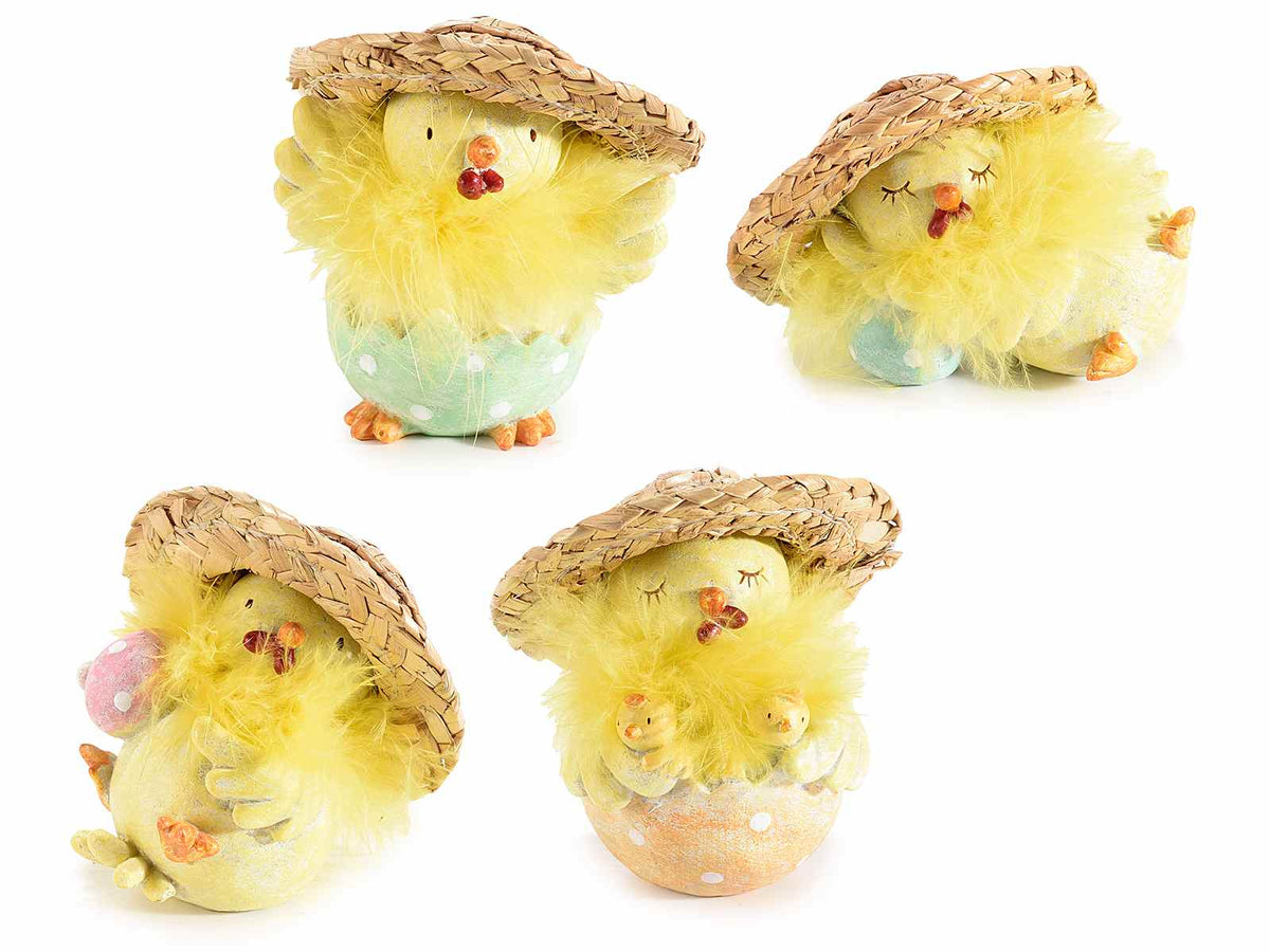 Pulcini decorativi di Pasqua in resina colorata con cappello in paglia e piume, set da 4 pezzi, cm 8 x 6 x 8,5 H