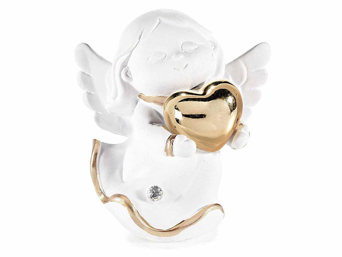 Angioletti in resina bianca con cuore dorato e brillantino decorativo, set da 12 pezzi, cm 5 x 3 x 5,5 H