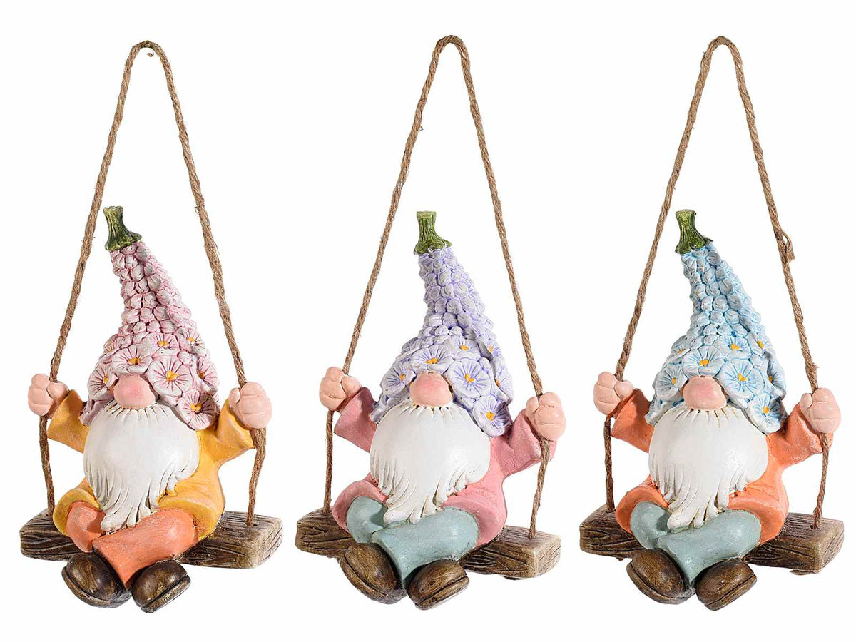 Gnometti da giardino decorativi in resina su altalena con cappello a fiori, set da 3 pezzi, cm 10 x 6,5 x 15 H