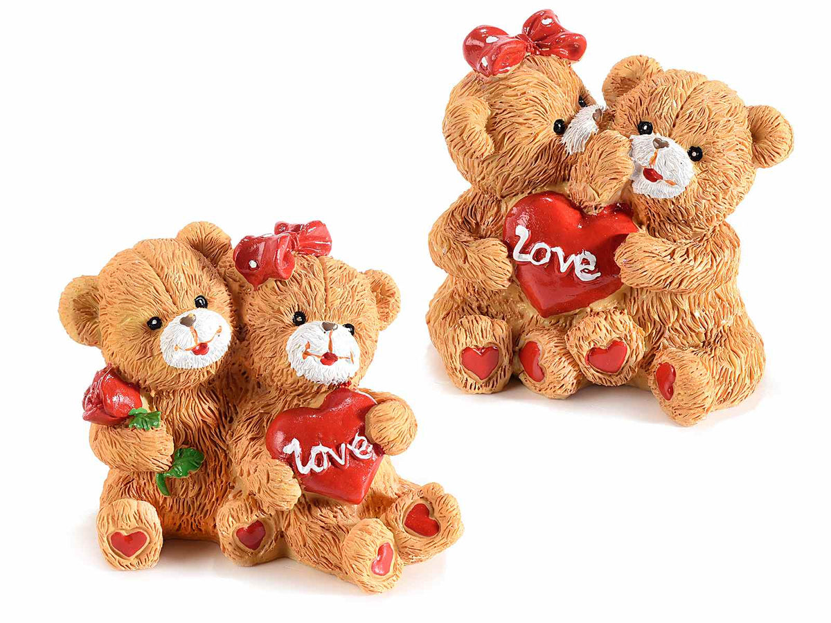 Coppie di orsetti innamorati in resina con cuore, rosa, e scritta love, set da 12 pezzi, cm 6,5 x 4,5 x 6,5 H