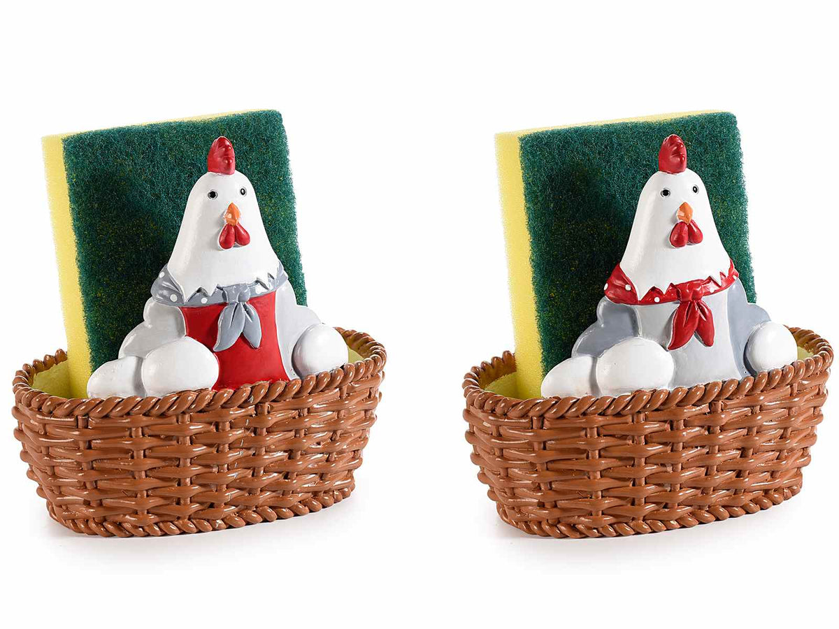 Cestino contenitore portaspugna gallinella in resina colorata con spugna, set da 6 pezzi, cm 11 x 6,5 x 11 H
