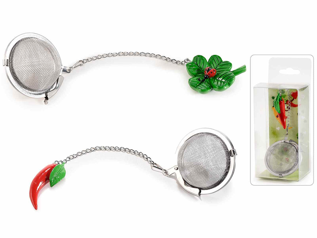 Infusori in acciaio con simboli portafortuna in resina a coccinella e cornetto, set da 4 pezzi, Quadrifoglio: cm 3x1,5x4H