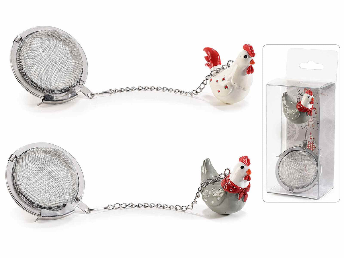 Infusori in acciaio per alimenti con gallinella in resina colorata in scatola, set da 4 pezzi, Gallina: cm 3,5 x 2 x 3,5 H