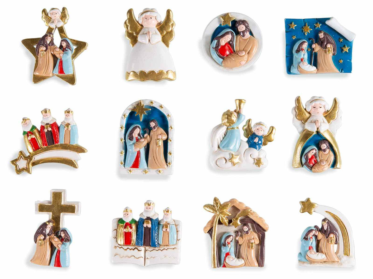Calamite / magneti con Presepe Sacra Famiglia in resina e dettagli simil oro, set da 12 pezzi, cm 4,5 x 5,5 H
