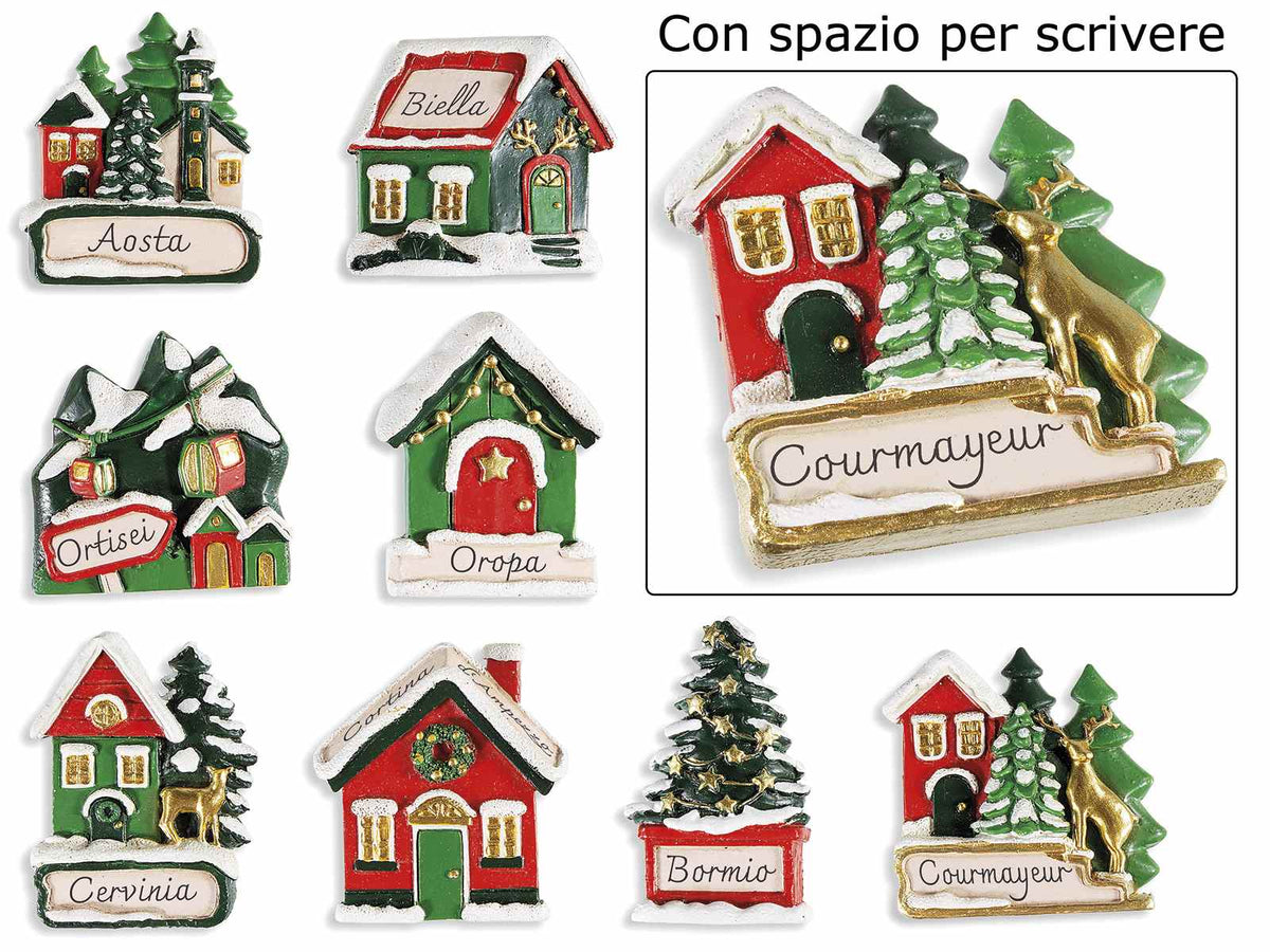 Magneti / calamite di Natale in resina a villaggio con spazio ad etichetta, set da 16 pezzi, cm 3,5 x 5,5 H