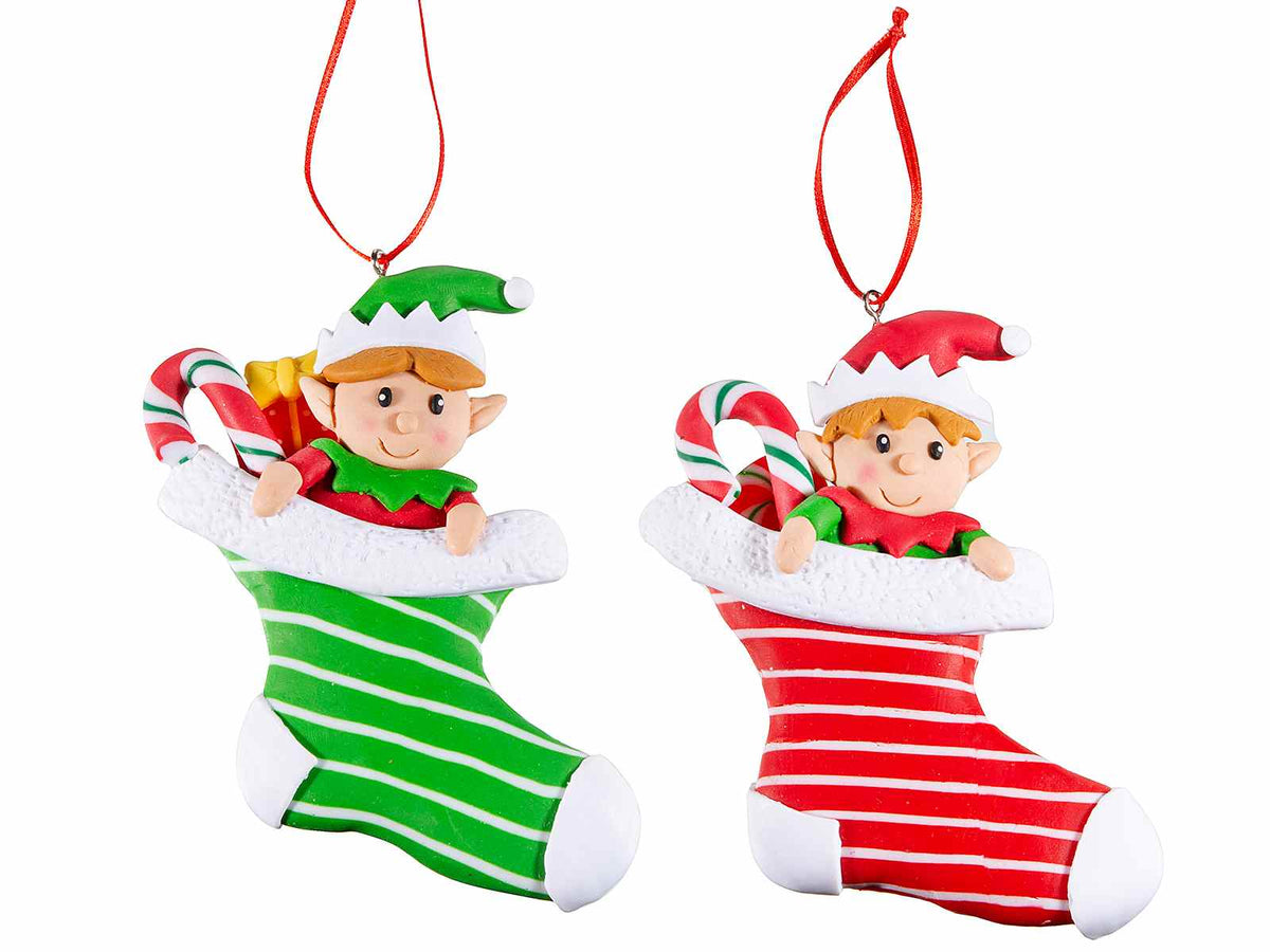 Addobbi elfi di Natale in calza natalizia realizzati in pasta di resina, set da 12 pezzi, cm 8,5 x 11 H