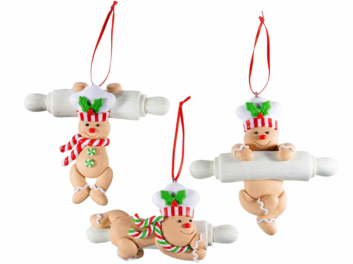 Addobbi albero di Natale omino pan zenzero su mattarello da cucina in pasta, set da 9 pezzi, cm 12,5 x 12 H