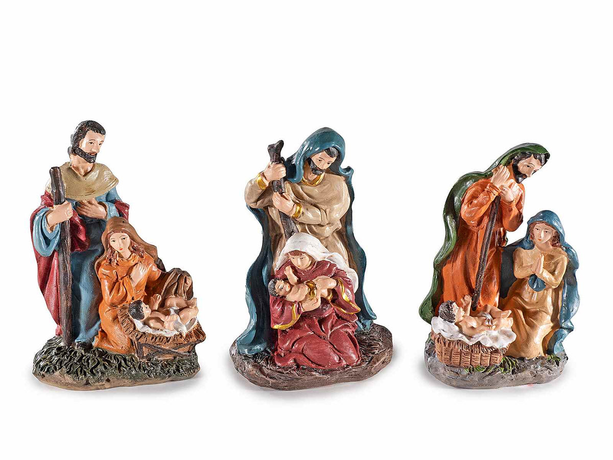 Statuine del Presepe / Sacra Famiglia in resina colorata da appoggiare, set da 9 pezzi, cm 6,5 x 4 x 10 H