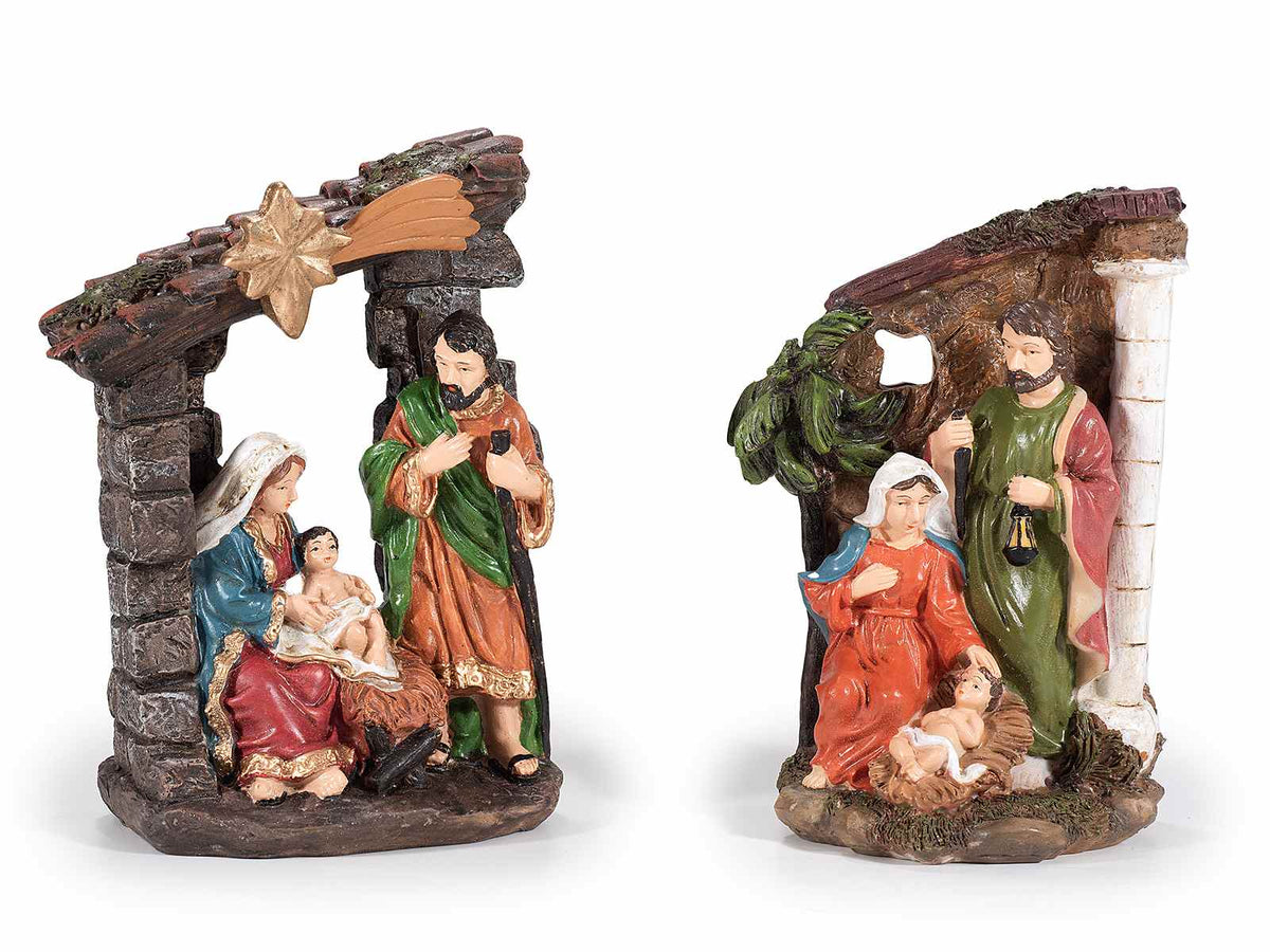 Decorazioni Presepe / Sacra Famiglia in resina colorata da appoggiare, set da 4 pezzi, cm 12 x 6 x 15,5 H