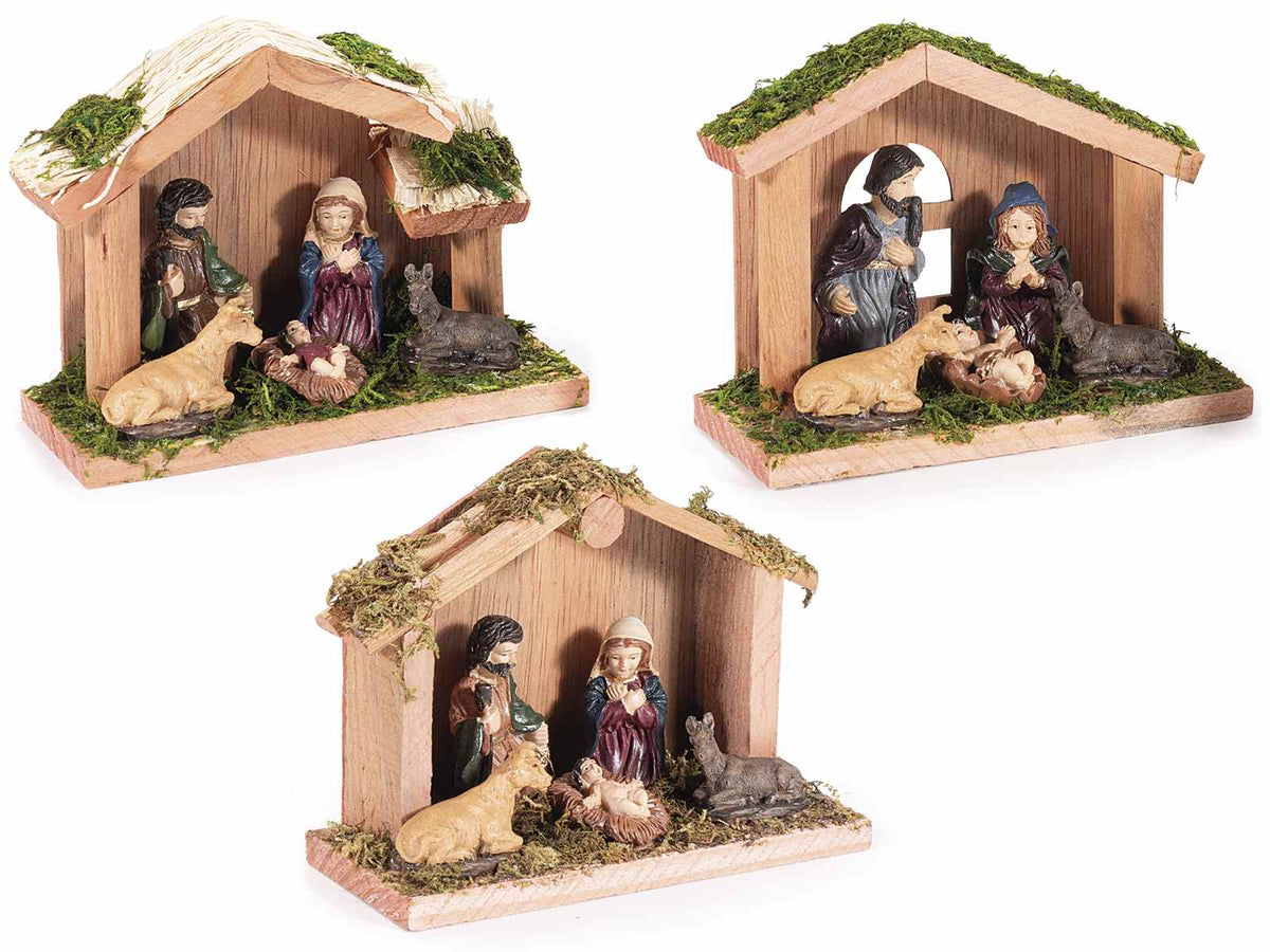 Presepe / Sacra Famiglia in legno con personaggi in resina e muschio, set da 6 pezzi, cm 12 x 5 x 9 H