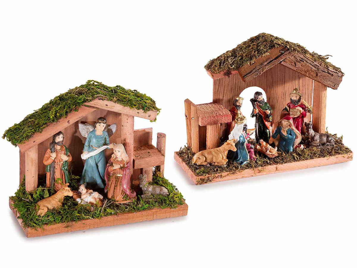 Presepe / Sacra Famiglia in legno con muschio e personaggi in resina, set da 4 pezzi, cm 15 x 6 x 11 H