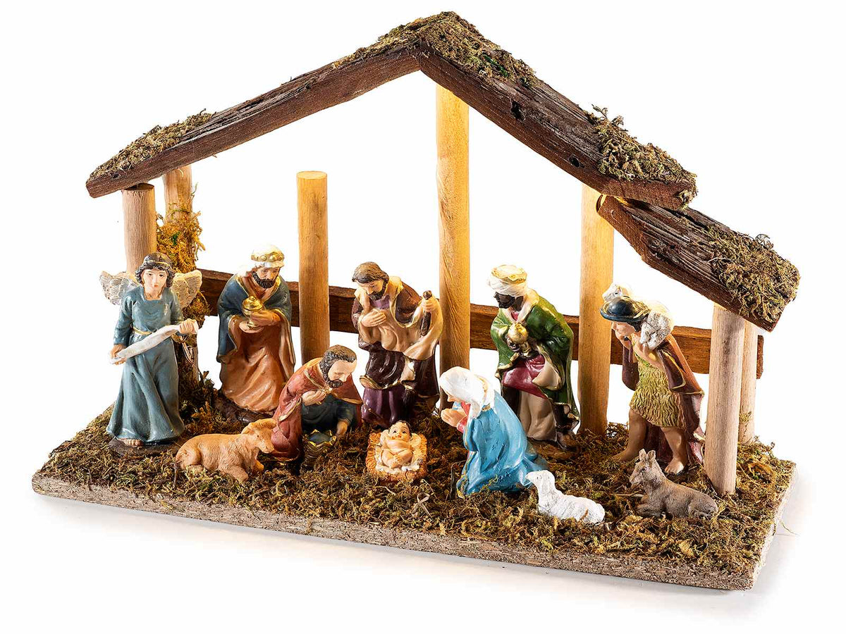 Presepe / Sacra Famiglia in legno con personaggi in resina, muschio e luci LED, set da 2 pezzi, cm 25 x 9 x 16 H