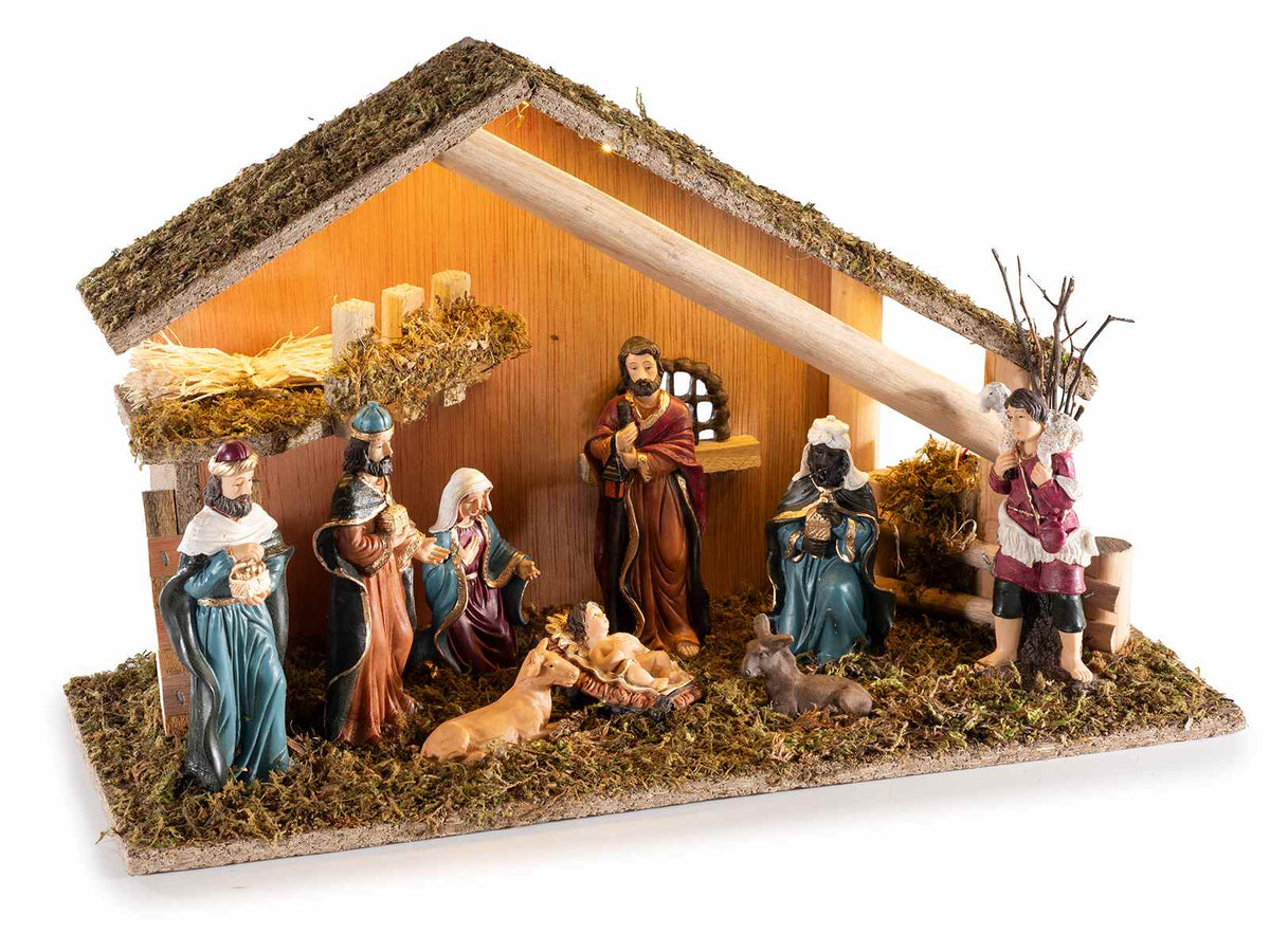Presepe / Sacra Famiglia in legno con personaggi in resina, muschio e luci LED, cm 39 x 15 x 23 H