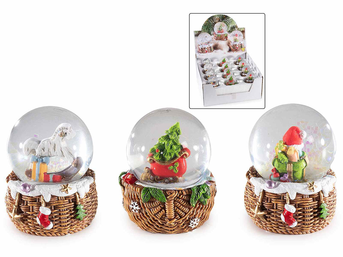 Palle a neve natalizie su cestino in resina in espositore da 12 pezzi, set da 12 pezzi, Ø 5 cm x 6,5 H