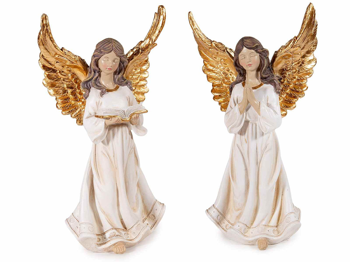 Angeli natalizi in resina colorata con ali dorate da appoggiare, set da 2 pezzi, cm 14,5 x 9 x 27,5 H