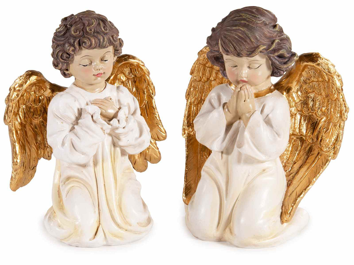 Angeli di Natale in resina colorata con ali dorate da appoggiare, set da 4 pezzi, cm 13 x 8 x 16,5 H