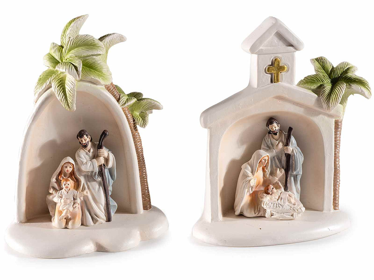 Presepe in resina colorata Sacra Famiglia con palma da appoggiare, set da 4 pezzi, cm 10 x 5 x 12 H