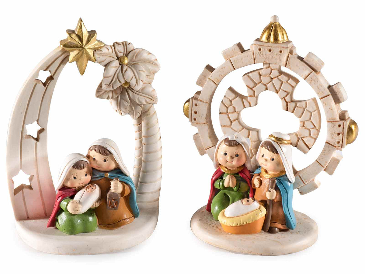 Statuine Presepe / Sacra Famiglia in resina colorata con dettagli dorati, set da 6 pezzi, cm 8 x 4 x 9,5 H