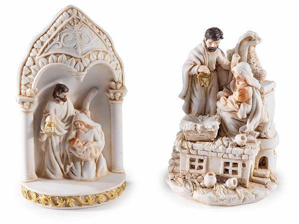 Presepe statuine Famiglia Sacra in resina con dettagli dorati da appoggiare, set da 6 pezzi, cm 6 x 4 x 11 H