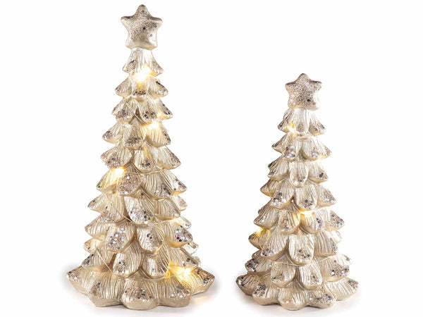 Set di 2 alberi di Natale decorativi in resina con brillantini e luci LED in set da due pezzi, Grande: Ø 10,5 cm x 20,5 H