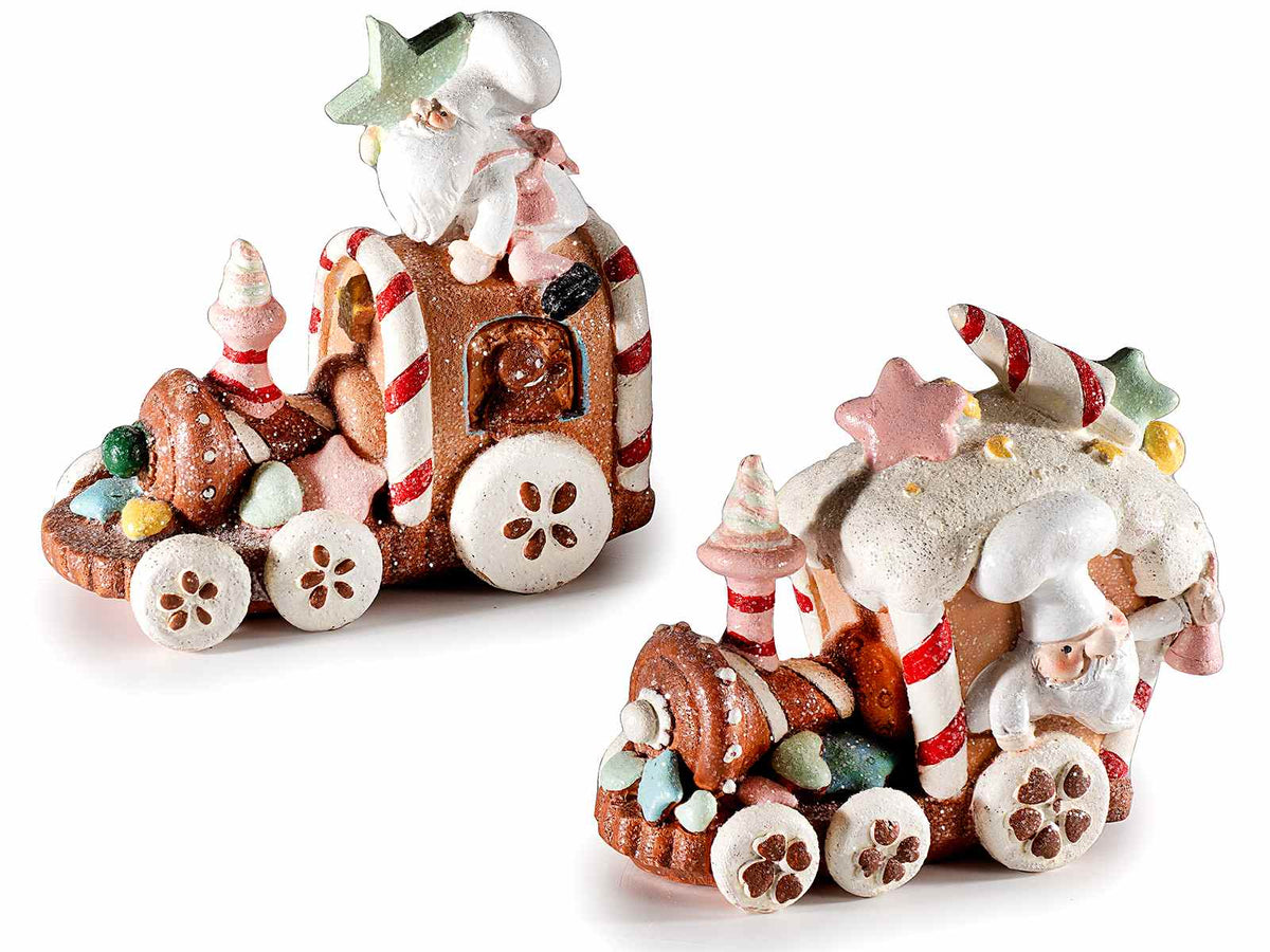 Decorazione trenino di Natale pan di zenzero effetto zucchero in resina con dolcetti e gnomi in rilievo, set da 2 pezzi, cm 14 x 8 x 12,5 H