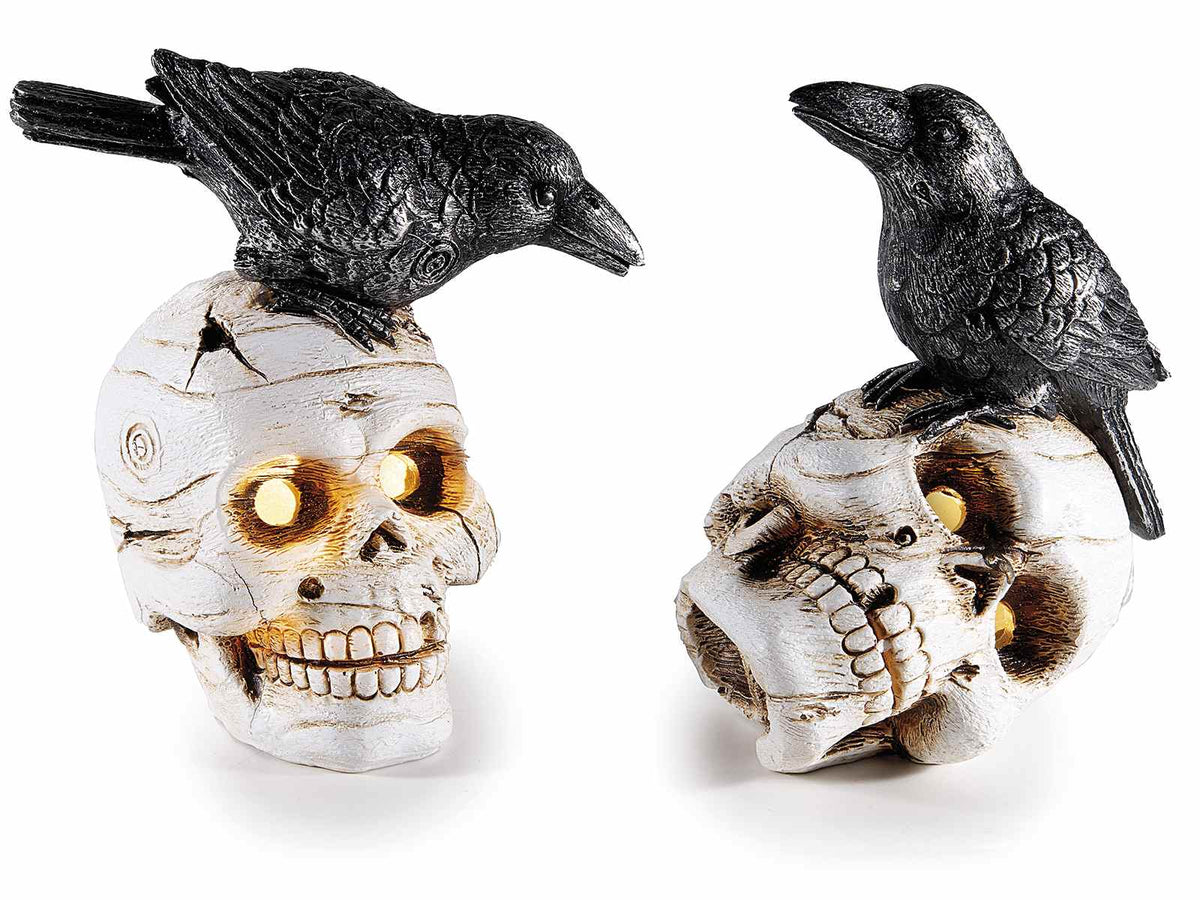 Decorazione di Halloween a forma di teschio con corvo e luci LED da appoggiare, set da 4 pezzi, cm 11 x 8,5 x 13,5 H