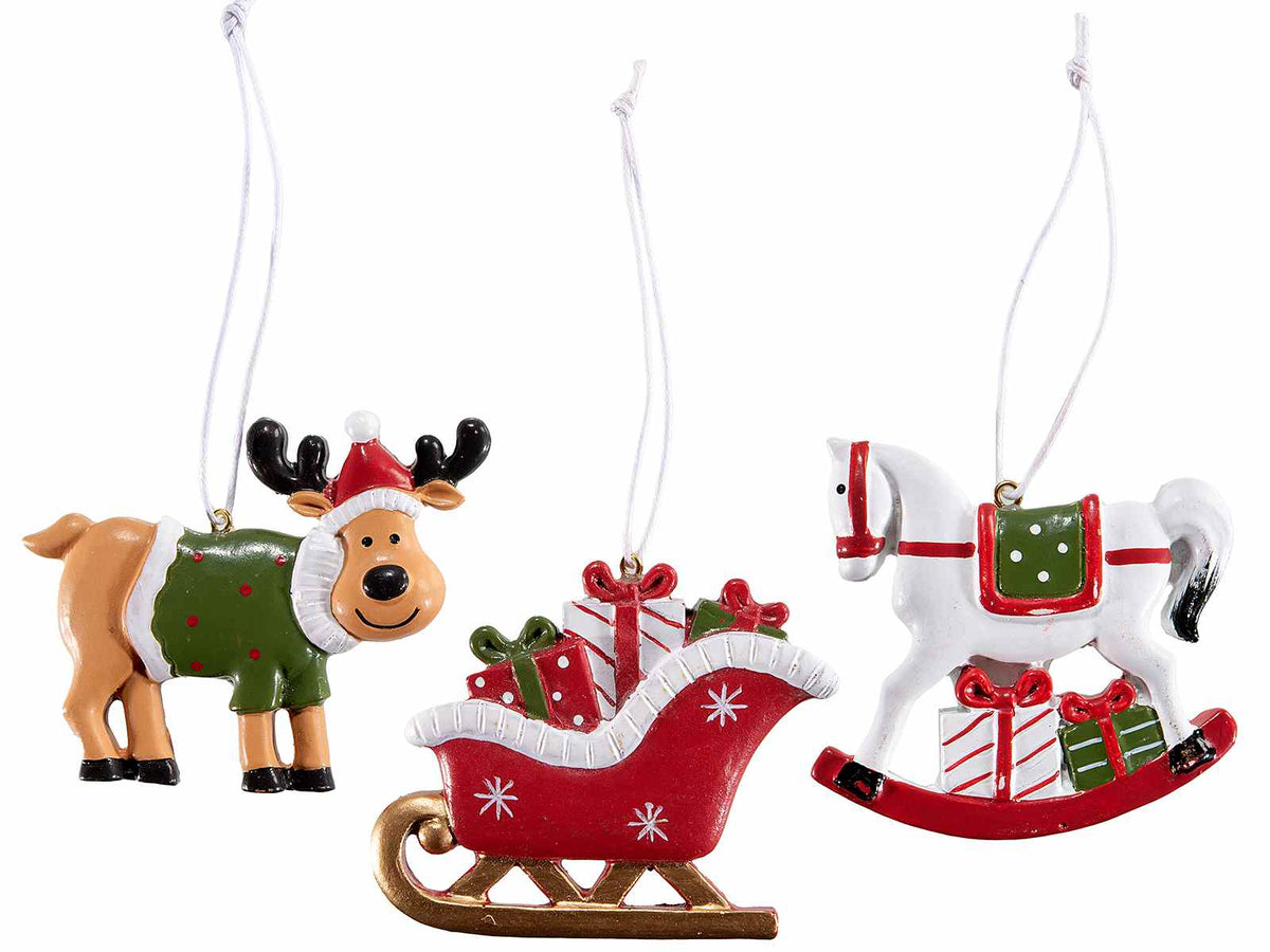Decorazioni natalizie albero di Natale in resina da appendere a slitta, renna, set da 18 pezzi, cm 7 x 6,5 H
