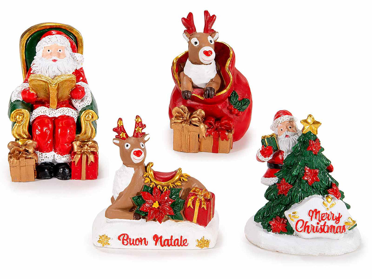 Personaggi di Natale decorativi in resina colorata con scritta Merry Christmas, set da 8 pezzi, cm 4 x 4 x 6,5 H