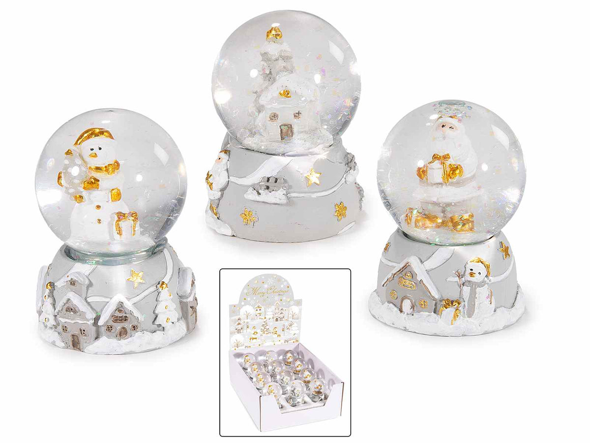 Palle a neve di Natale con soggetto natalizio e base in resina, in espositore, set da 12 pezzi, Ø 5 cm x 6,5 H