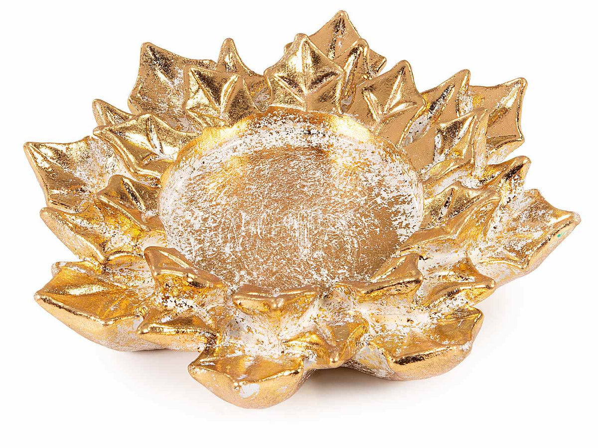 Set di 6 portacandele natalizie tealight ad agrifoglio dorato in resina, Ø 12,5 cm x 2,5 H