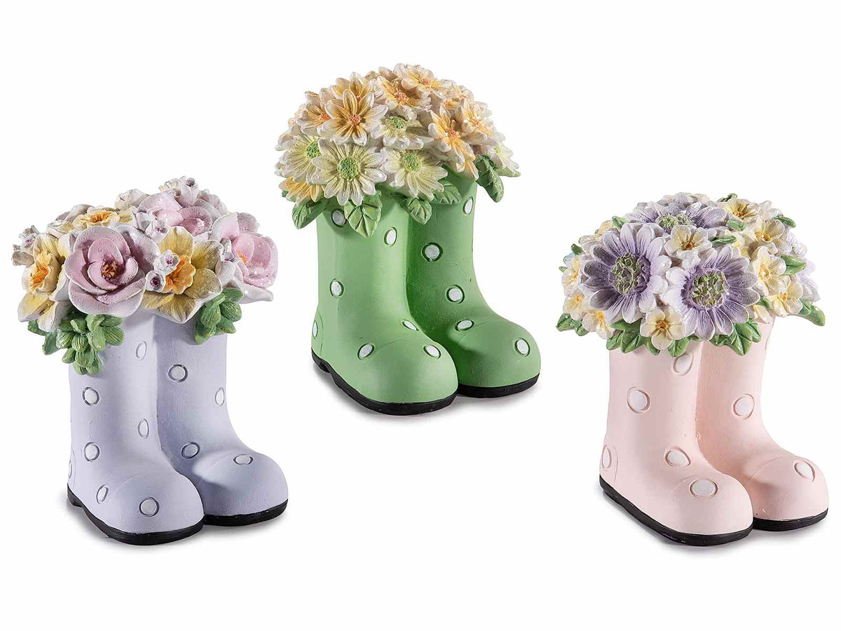 Decorazione da giardino a forma di paio di stivali a pois con mazzo di fiori, set da 3 pezzi, cm 10,5 x 9 x 12 H