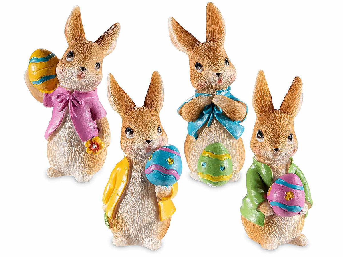 Set di coniglietti pasquali in resina colorata da appoggiare con giacca e abiti, set da 12 pezzi, cm 3,5 x 3 x 6,5 H