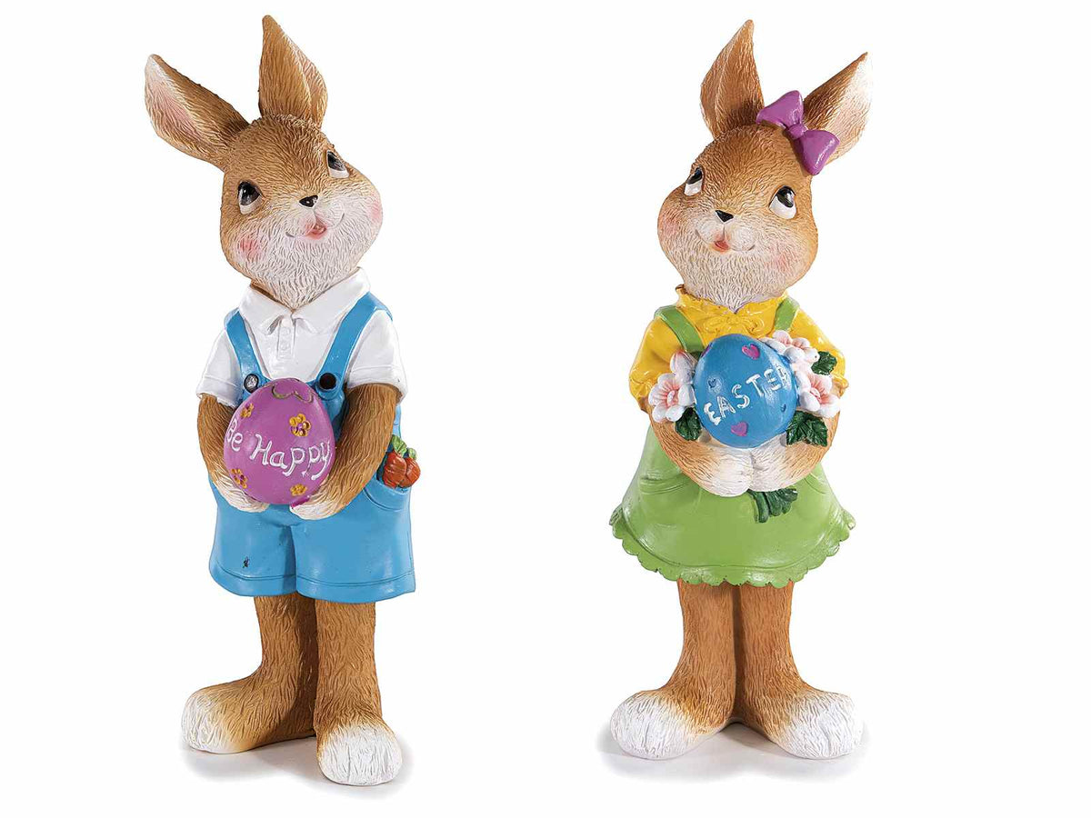 Conigli di Pasqua in coppia in resina colorata con uovo con scritta Easter / Be, set da 6 pezzi, cm 6,5 x 8 x 16,5 H