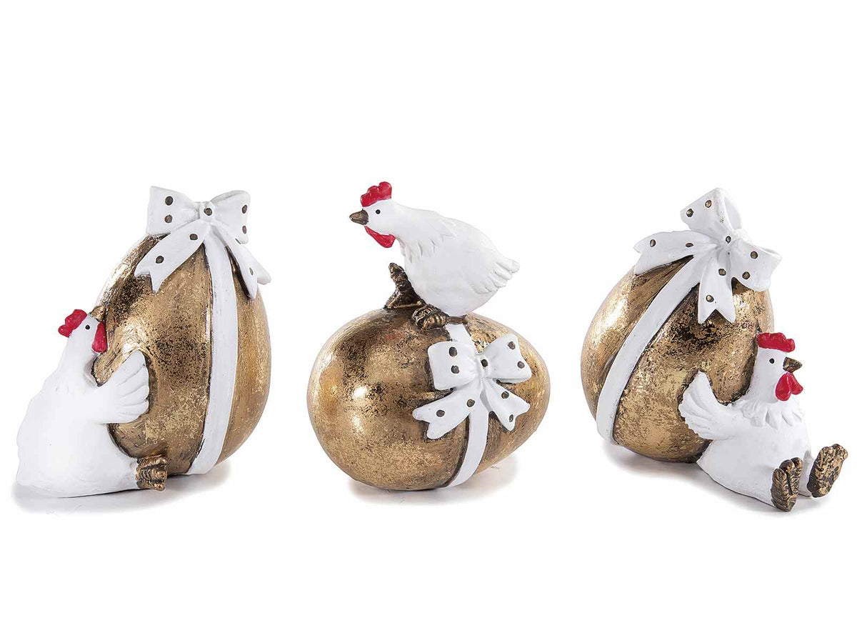 Ovetti dorati pasquali in resina con decoro a gallinella che si arrampica, set da 6 pezzi, cm 8,5 x 6,5 x 10 H