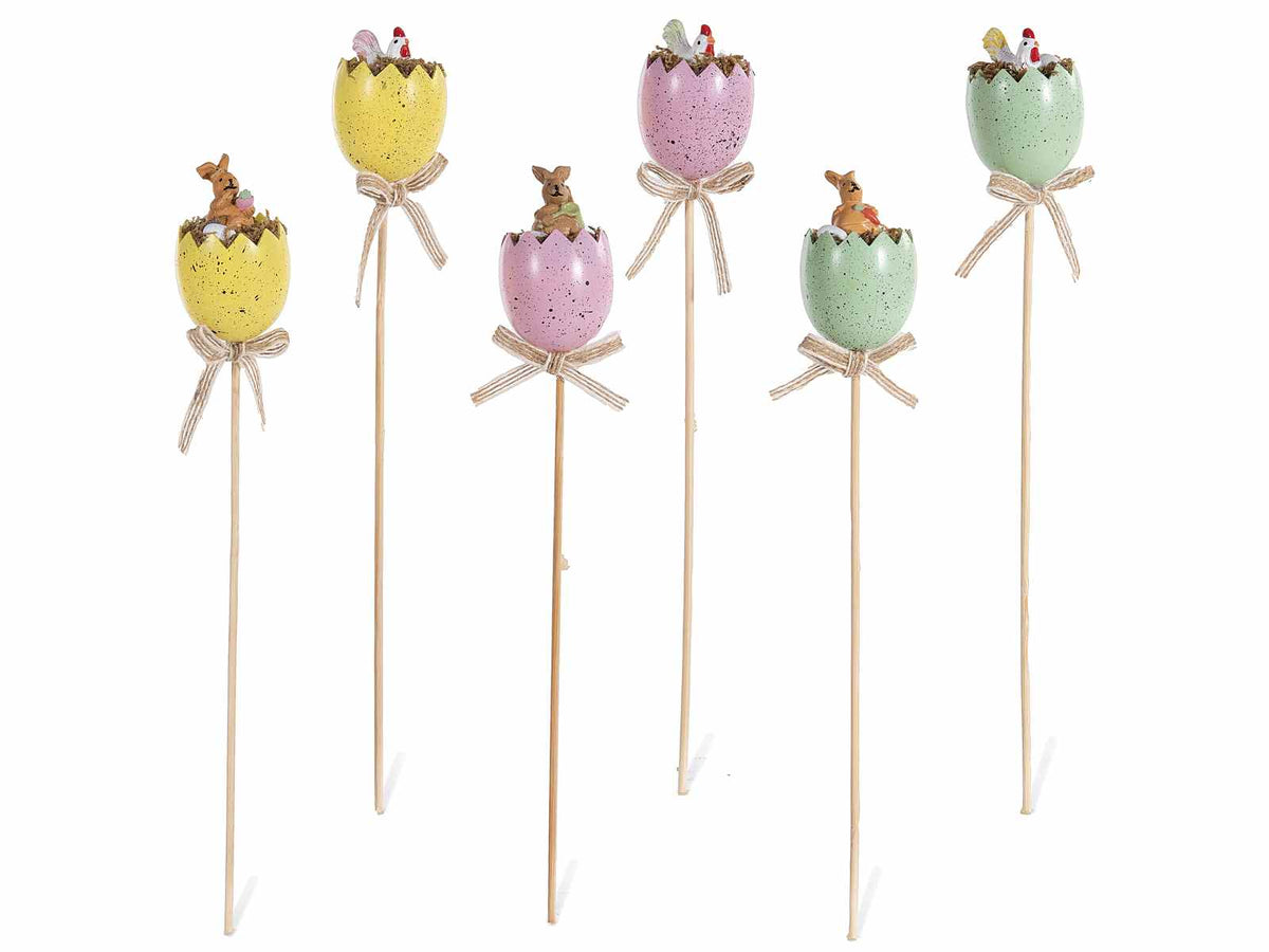 Stick di Pasqua con uova colorate e personaggio pasquale e fiocchetto, ideali, set da 12 pezzi, cm 6,5 H (con stick 28)