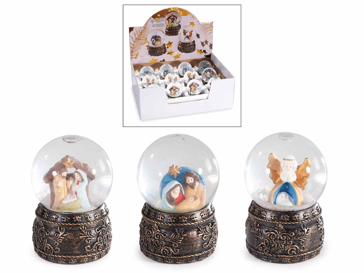 Palla a neve con scena Natività / Presepe su base in resina decorata, set da 12 pezzi, Ø 4,5 cm x 6,5 H