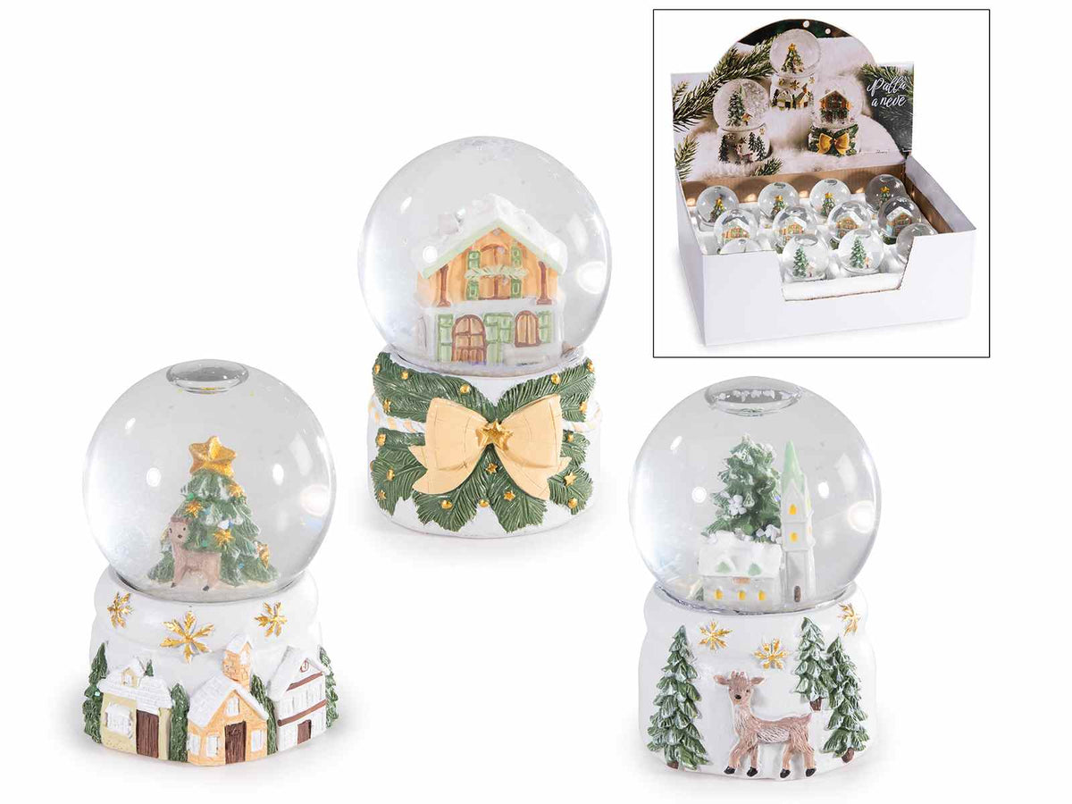 Palle a neve con paesaggio natalizio su base decorata in resina in espositore, set da 12 pezzi, Ø 4,5 cm x 6,5 H