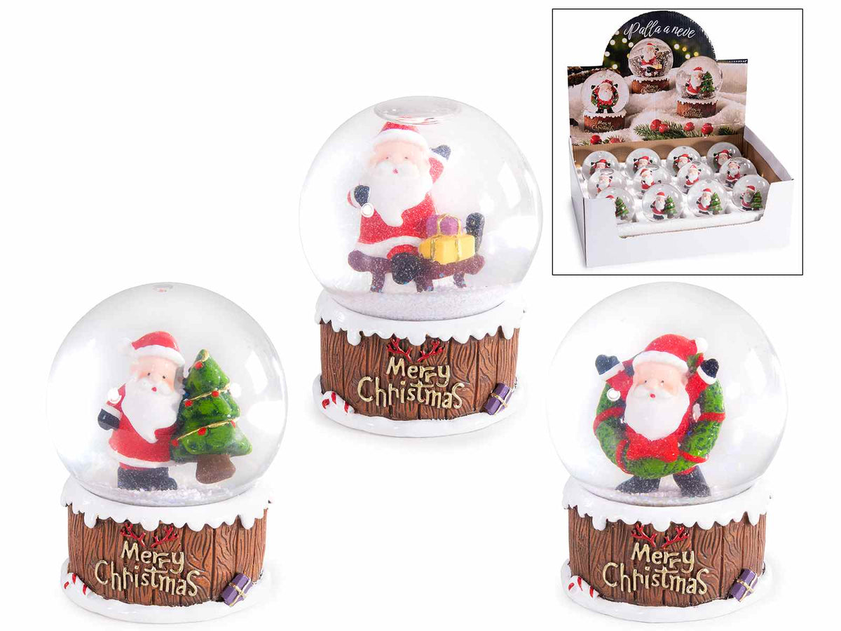 Palla a neve con Babbo Natale su base in resina decorata a tronchetto con neve, set da 12 pezzi, Ø 6,5 cm x 8,5 H