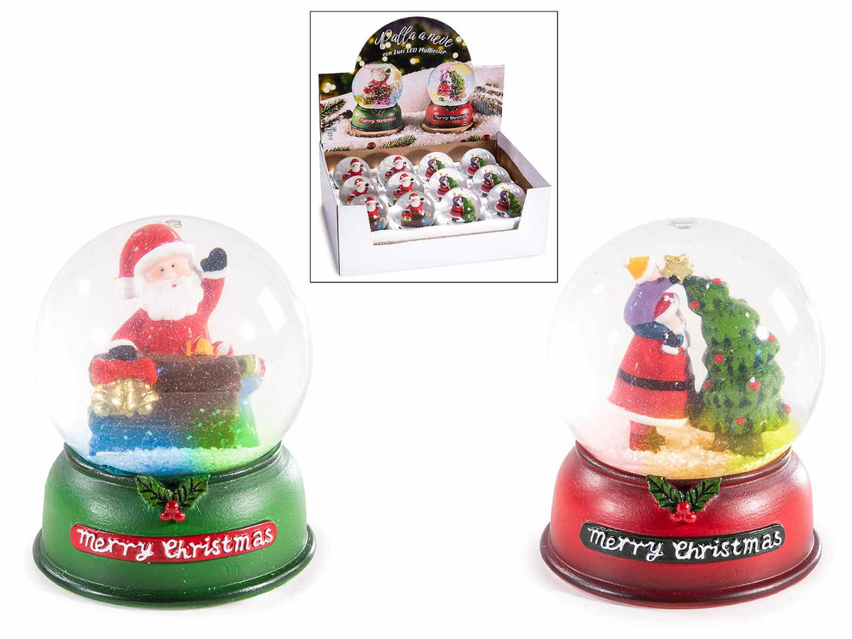 Palla a neve di Natale con luci LED e Babbo Natale. Base in resina colorata, set da 12 pezzi, Ø 7 cm x 8 H