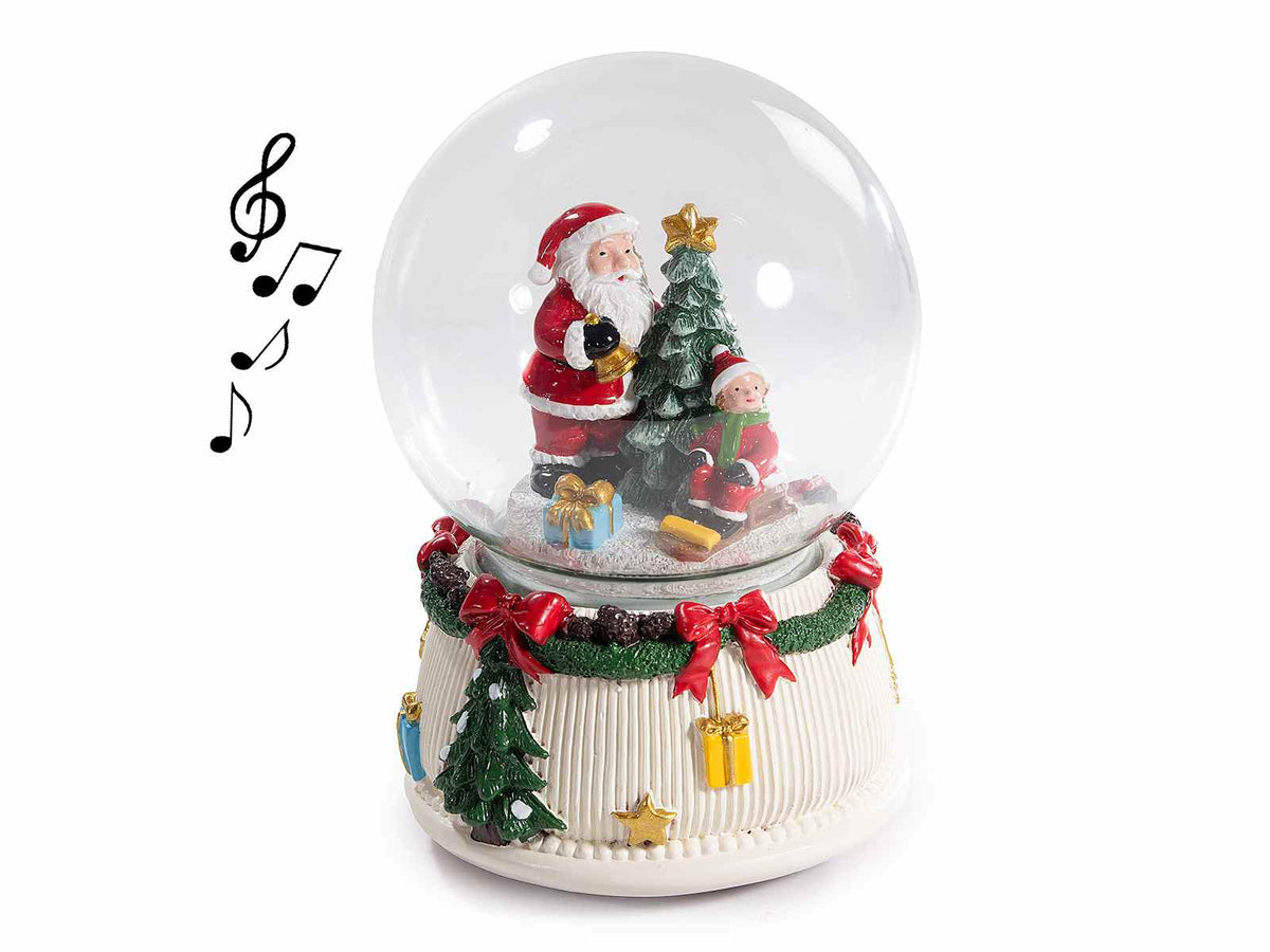 Sfere a neve con carillon in resina con Babbo Natale, bimbo e albero con base, set da 2 pezzi, Ø 10 cm x 13,5 H