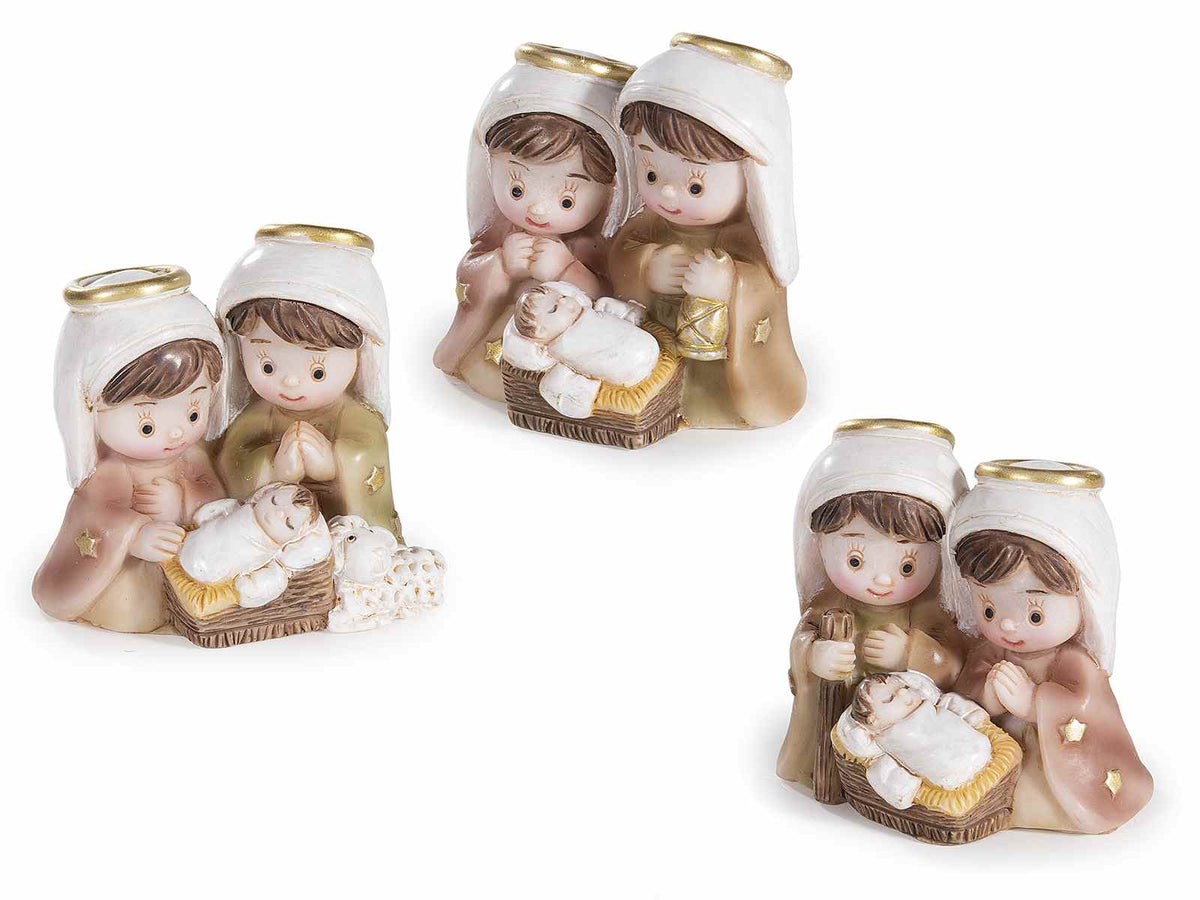 Statuine del Presepe / Sacra Famiglia in resina colorata con dettagli dorati, set da 6 pezzi, cm 5 x 3,5 x 5 H