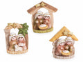 Presepe / Sacra Famiglia in resina colorata sotto capanna con stella cometa, set da 6 pezzi, cm 7 x 2,5 x 7,5 H